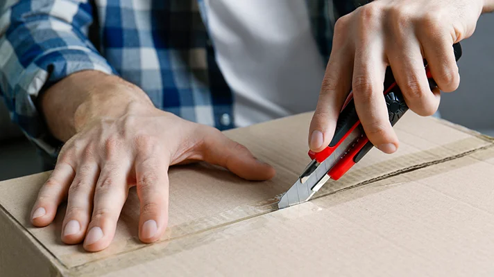 close up of hands using a box cutter