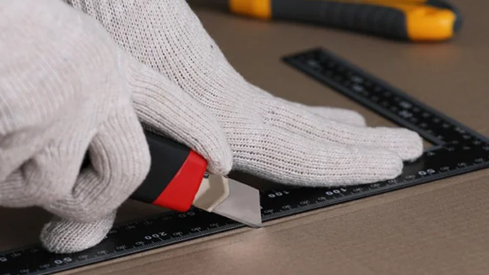 close up of hands with safety gloves using a box cutter