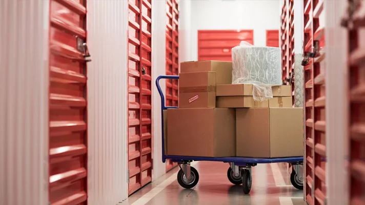 a cart blocking a walk way in a storage facility