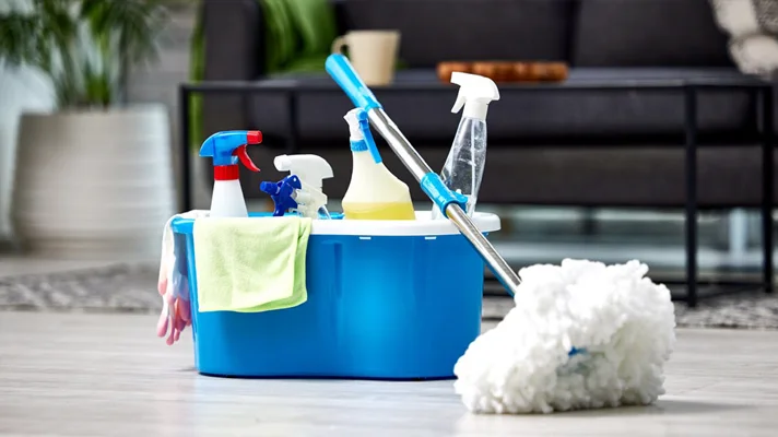 cleaning supplies in a carrier on the floor