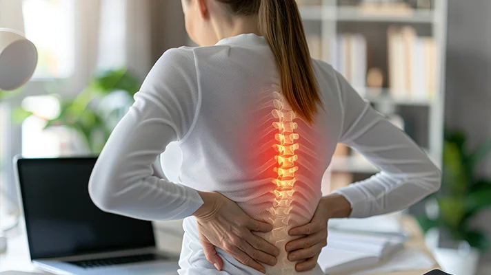 woman at computer holding lower back her spine is highlighted in red and yellow to show pain