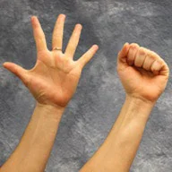 an open hand next to a closed hand or fist