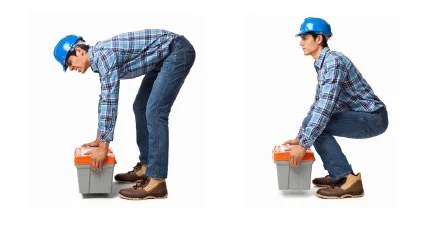 side-by-side comparison of incorrect (bending at back) versus correct (bending at knees) lifting