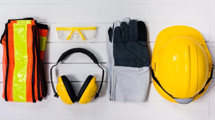 row of safety gear - vest, goggles, ear protection, gloves, and a hard hat