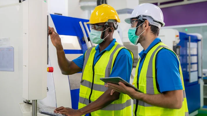 two manufacturing employees operating a large machine