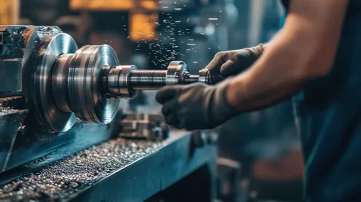 worker turning a part on a metal lathe