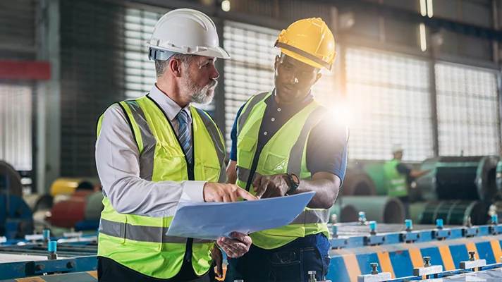 two individuals on factory floor wearing safety vests and hard hats and looking at a clipboard