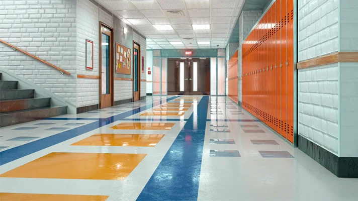 an empty school hallway